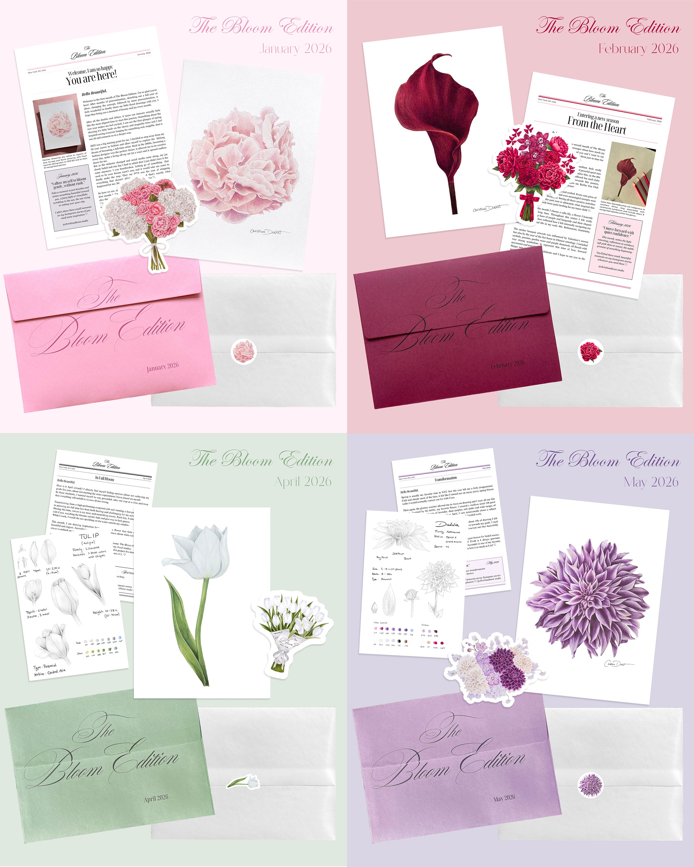 Four coordinated floral print club editions arranged in a 2x2 grid on pastel backgrounds. Each set includes a pink, burgundy, green or lavender envelope, printed cards, stickers and botanical illustrations with the title 'The Bloom Edition.