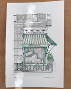 Illustration of a west village building with a green awning on white cotton 