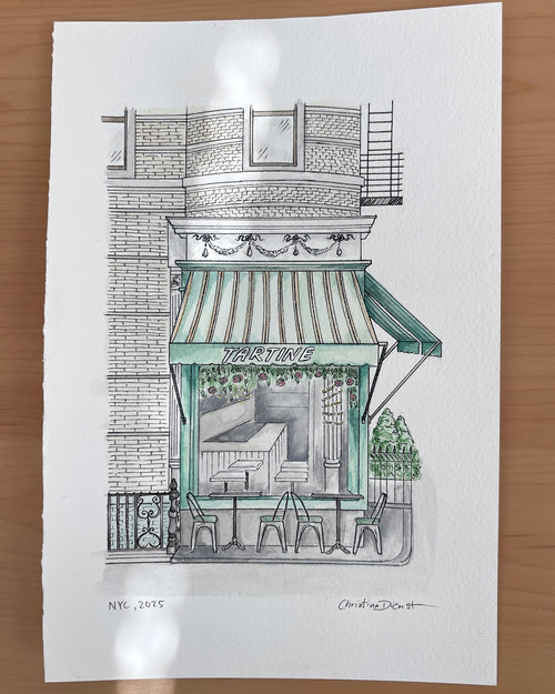 Illustration of a west village building with a green awning on white cotton 