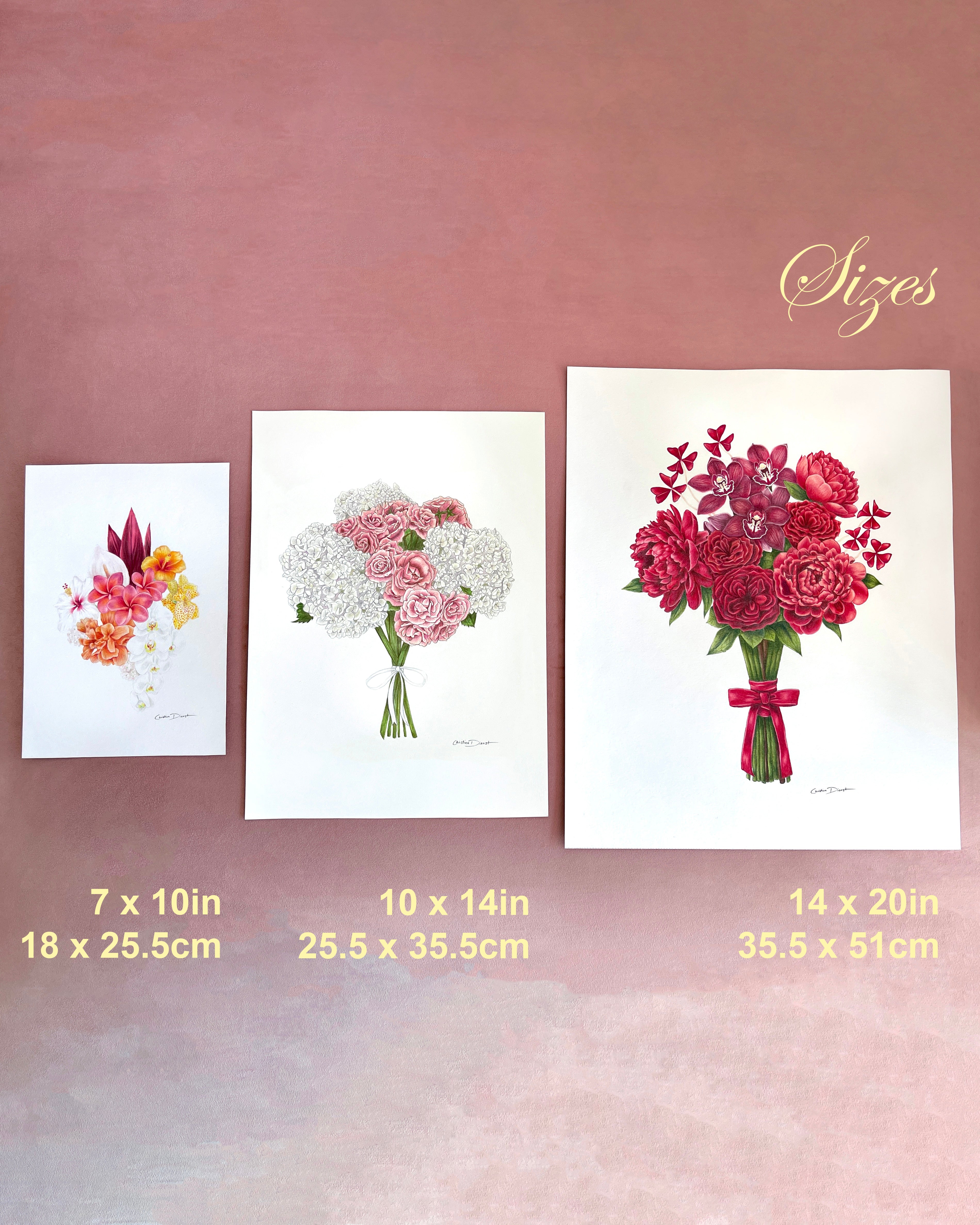 Three sizes of bridal bouquets drawings displayed side by side on a dusty pink backdrop. 