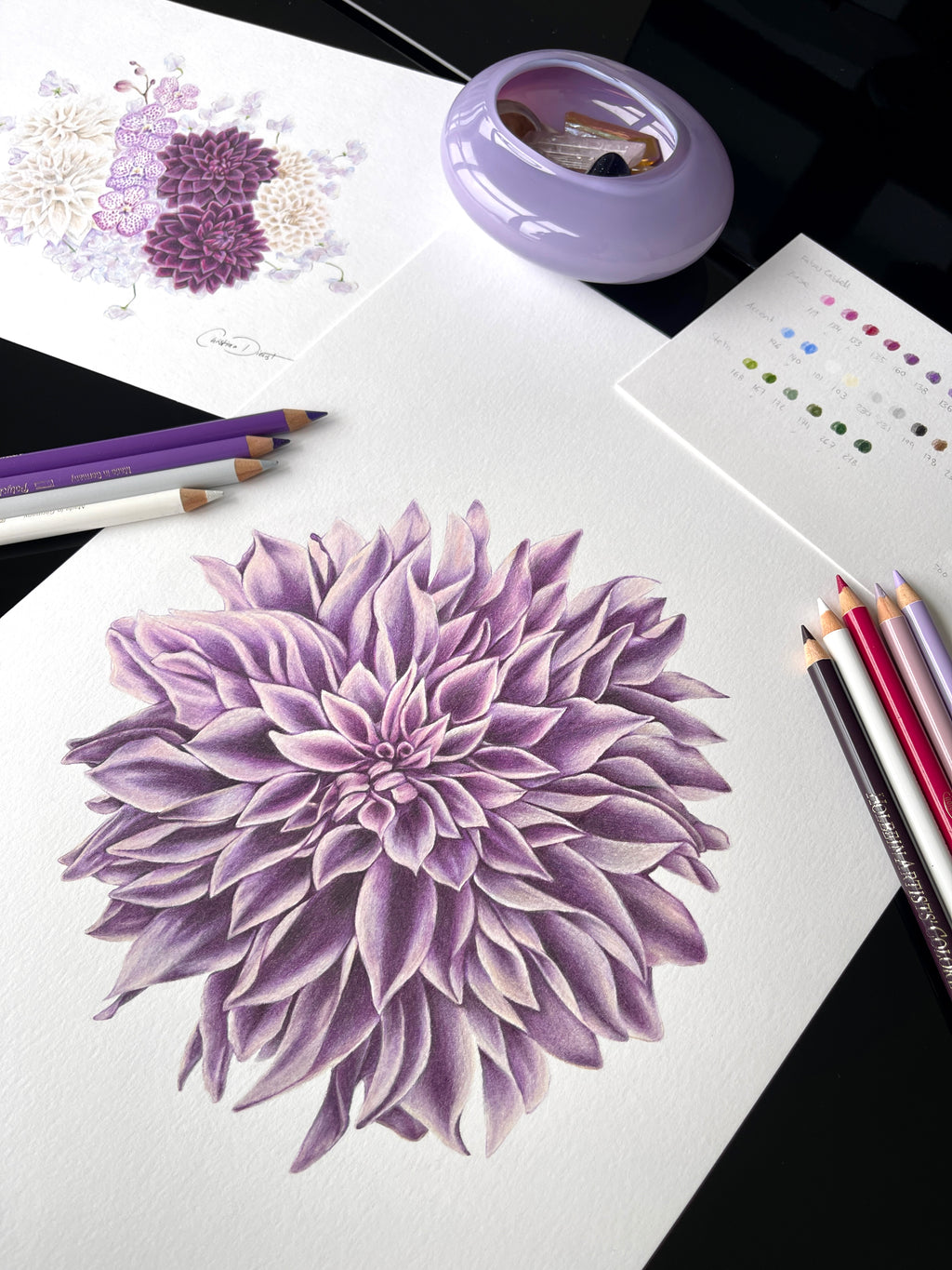 Purple Dahlia and bouquet in color pencil
