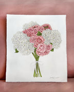 Floral drawing of pink roses and white hydrangeas on a white background
