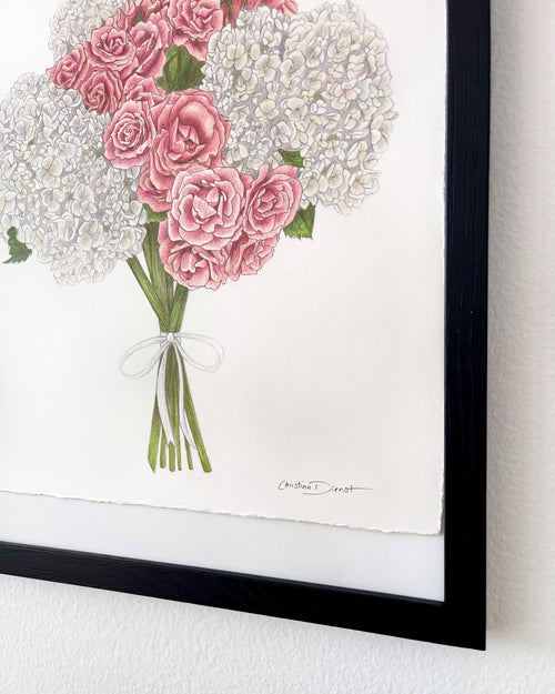 Framed artwork of pink roses and white hydrangeas on a white background
