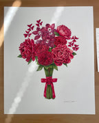 Bouquet of red flowers with a red ribbon on a white background