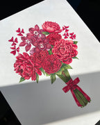 Bouquet of red flowers with a bow on a white background