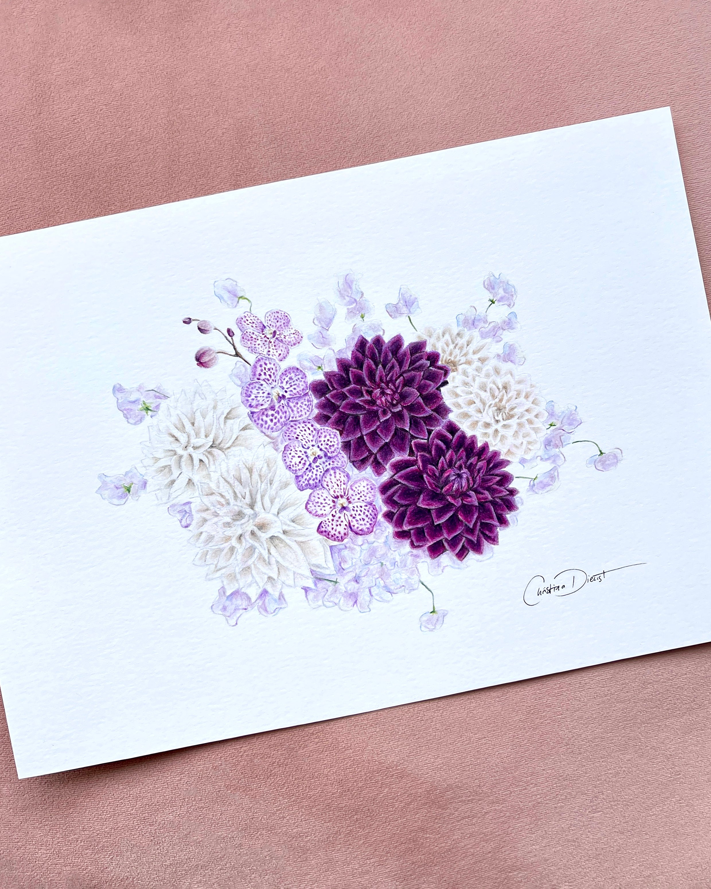 Purple Dahlia bouquet in color pencil