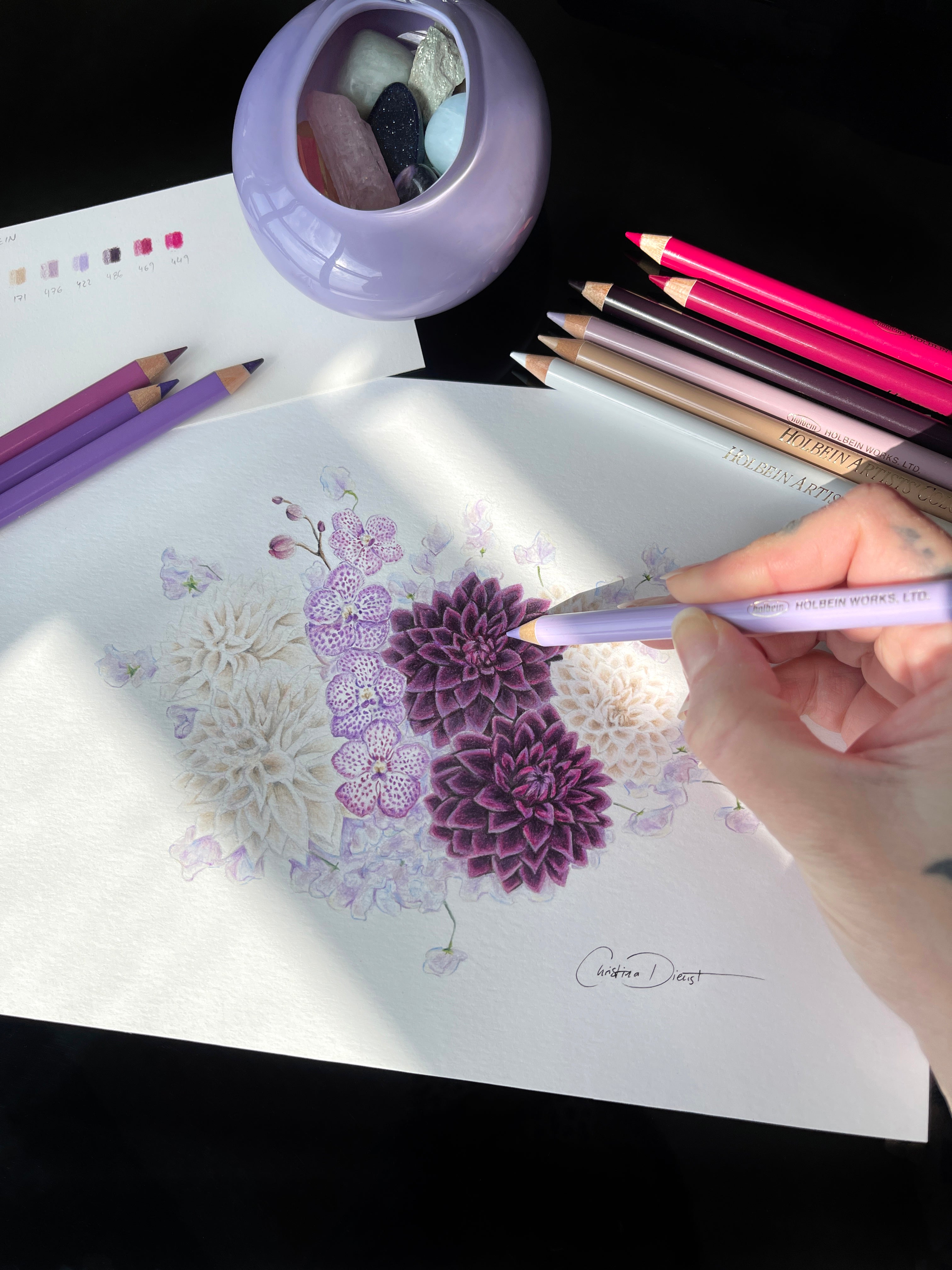 Purple Dahlia bouquet in color pencil