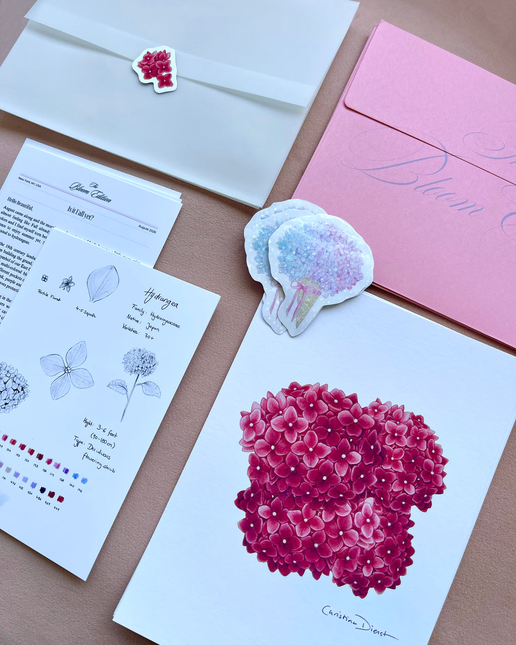 'The Bloom Edition August 2026' arranged on a blush background. The edition includes a pink envelope with blue script, a vellum sleeve with floral sticker seal, a pink hydrangea art print, a pastel flower-shaped sticker, and printed studio note