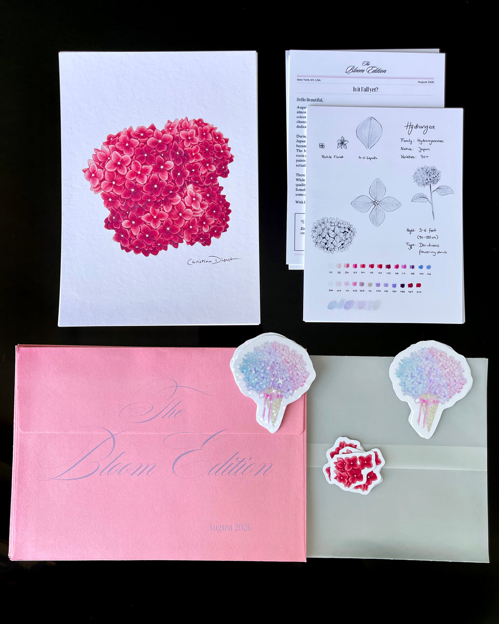 'The Bloom Edition August 2026' arranged on a black background. The edition includes a pink envelope with blue script, a vellum sleeve with floral sticker seal, a pink hydrangea art print, a pastel flower-shaped sticker, and printed studio note