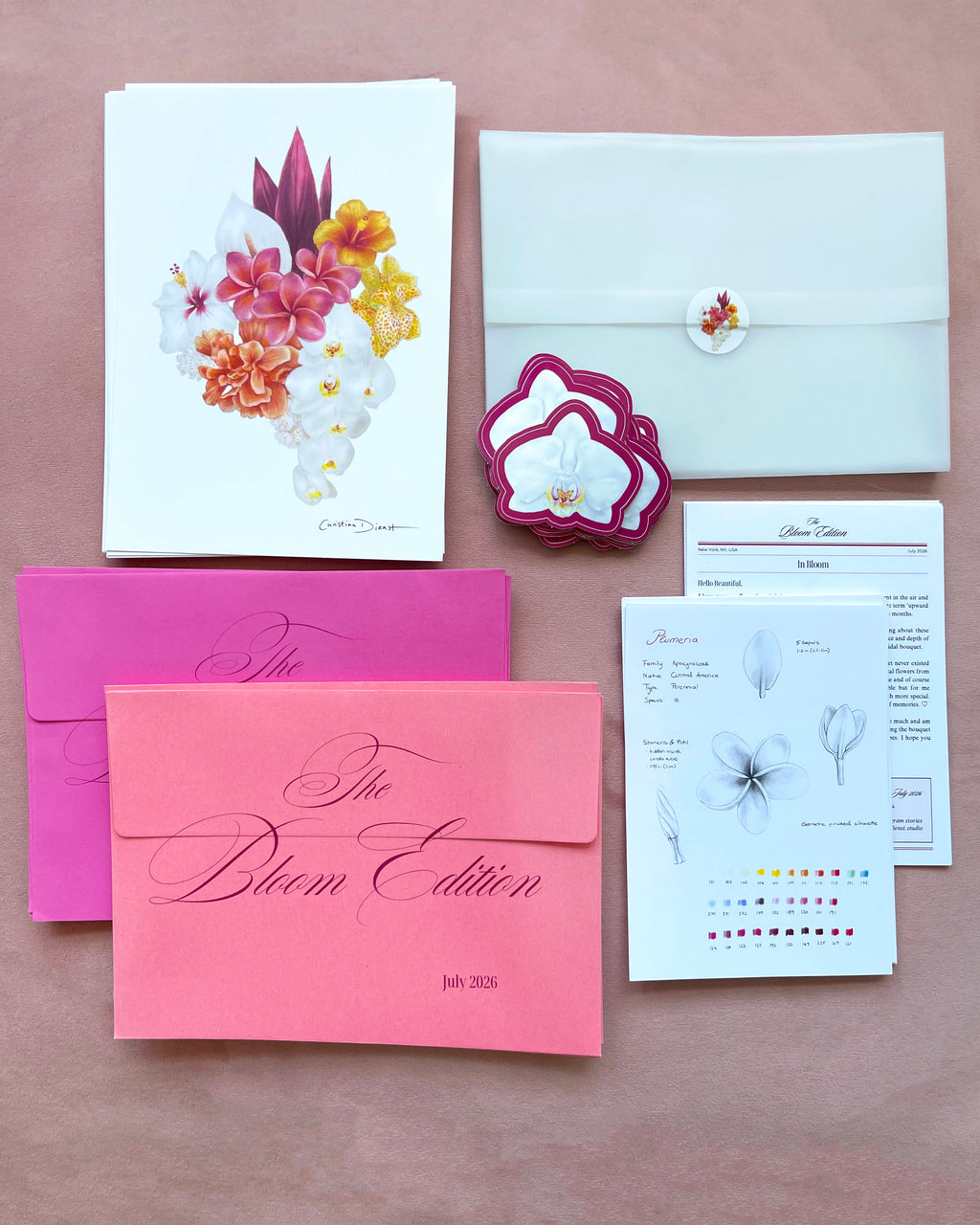 Floral-themed print club set including a tropical bouquet art print, orchid sticker and a pink envelope.
