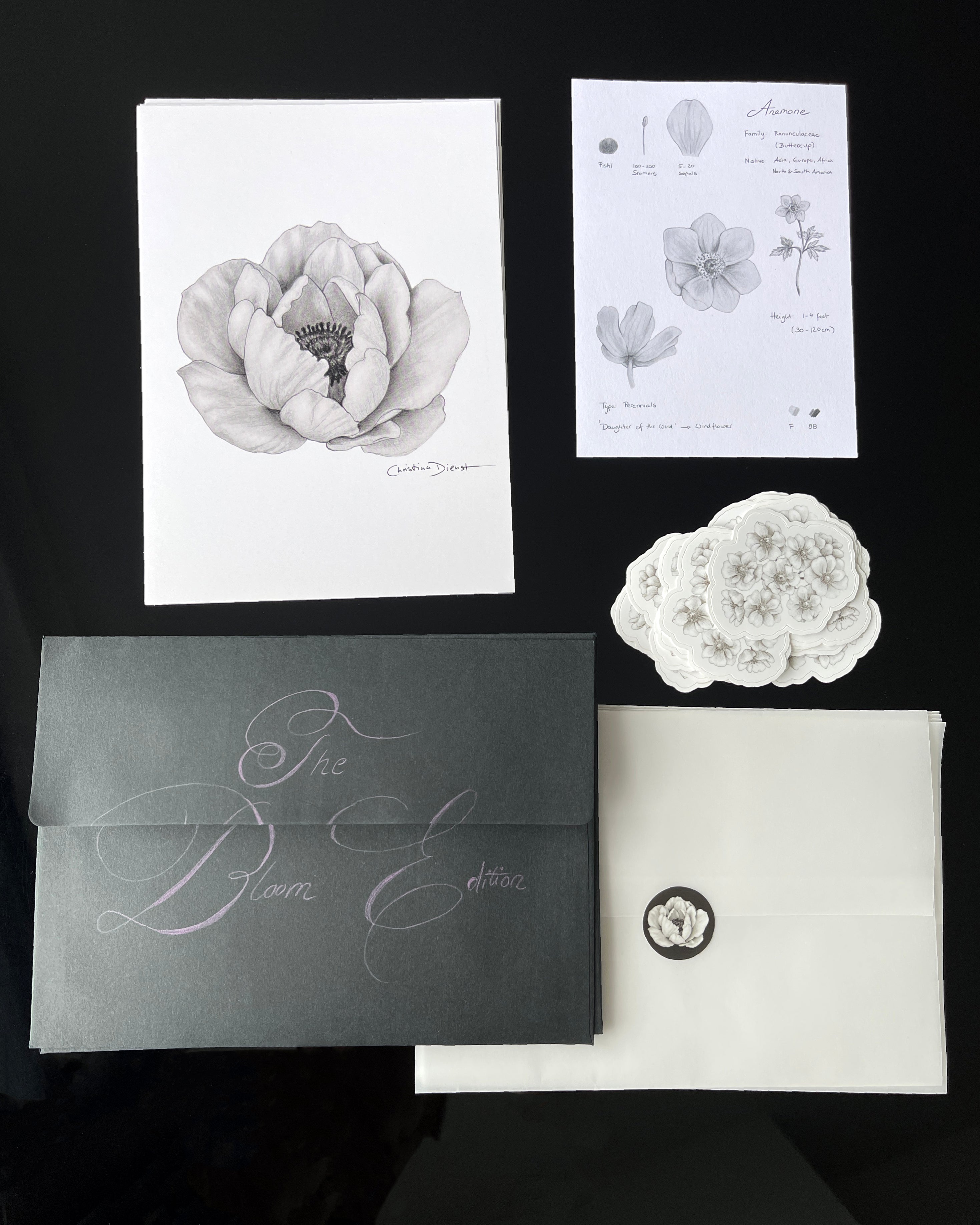 Floral-themed print club set including an anemone art print, sticker and a light black envelope.