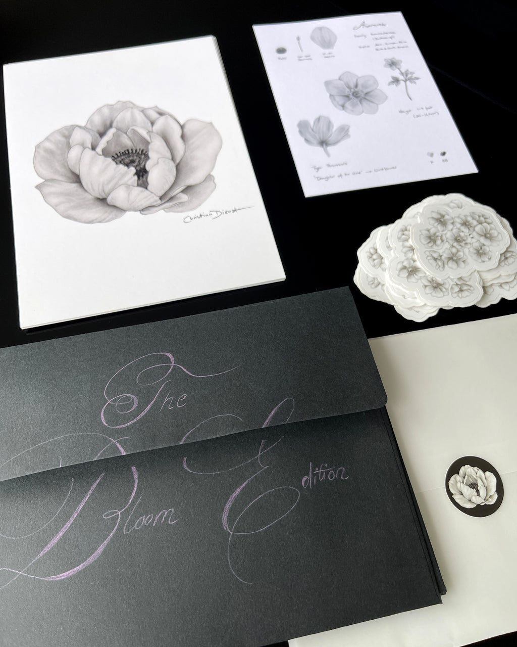 Floral-themed print club set including an anemone art print, sticker and a black envelope.