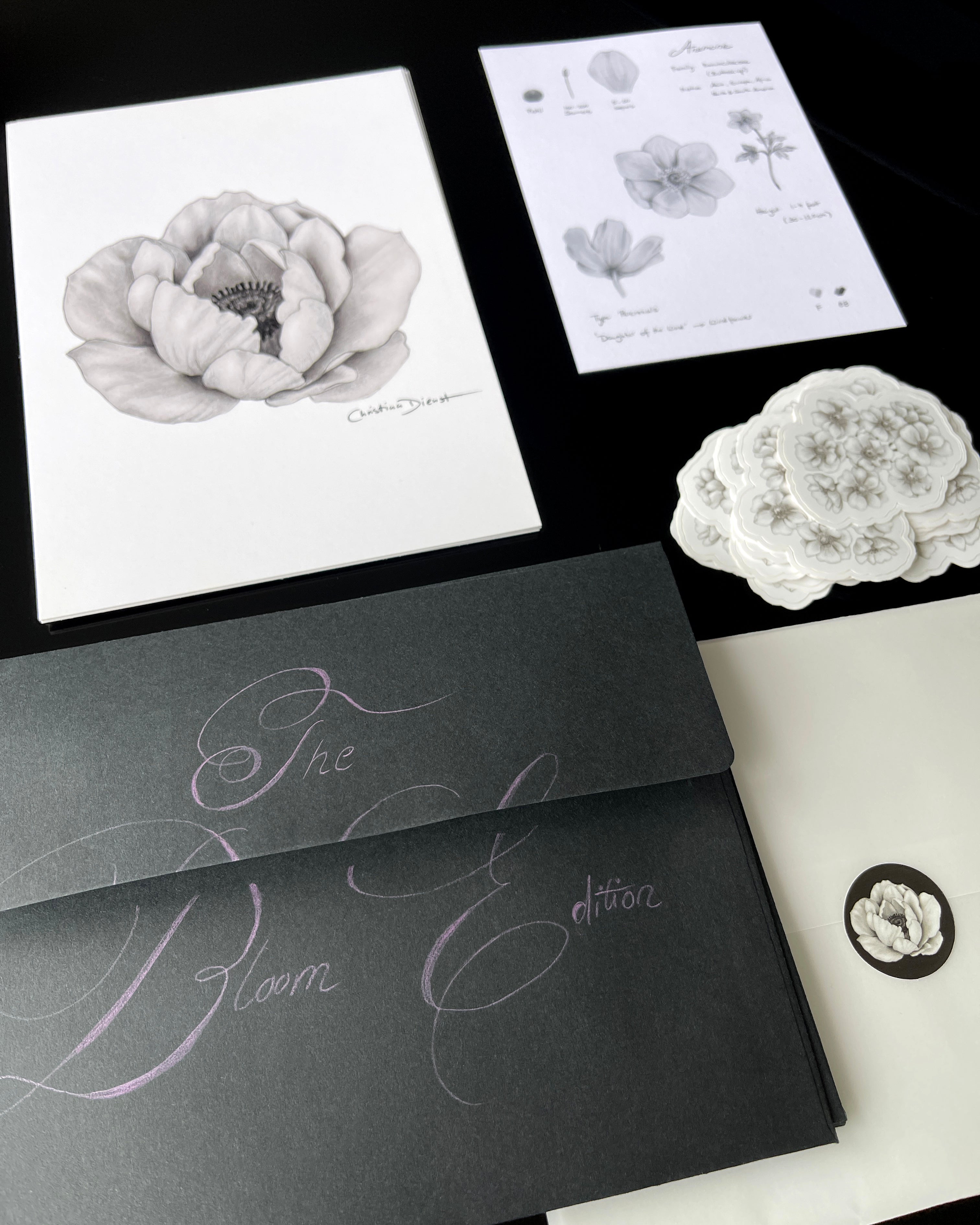 Floral-themed print club set including an anemone art print, sticker and a black envelope.