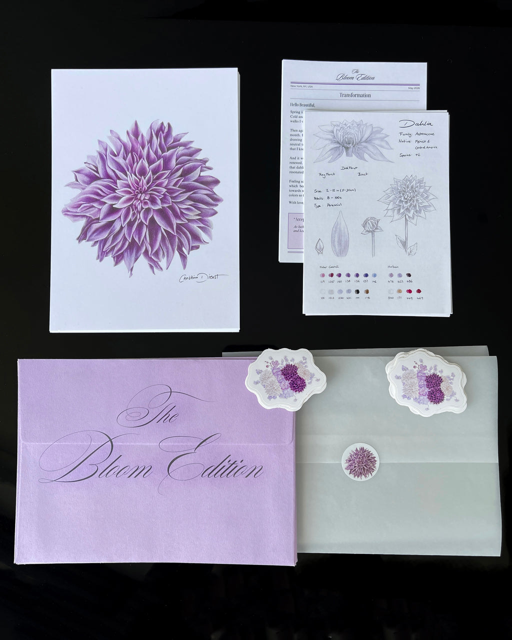 Floral-themed print club set including a dahlia art print, sticker and a light purple envelope.
