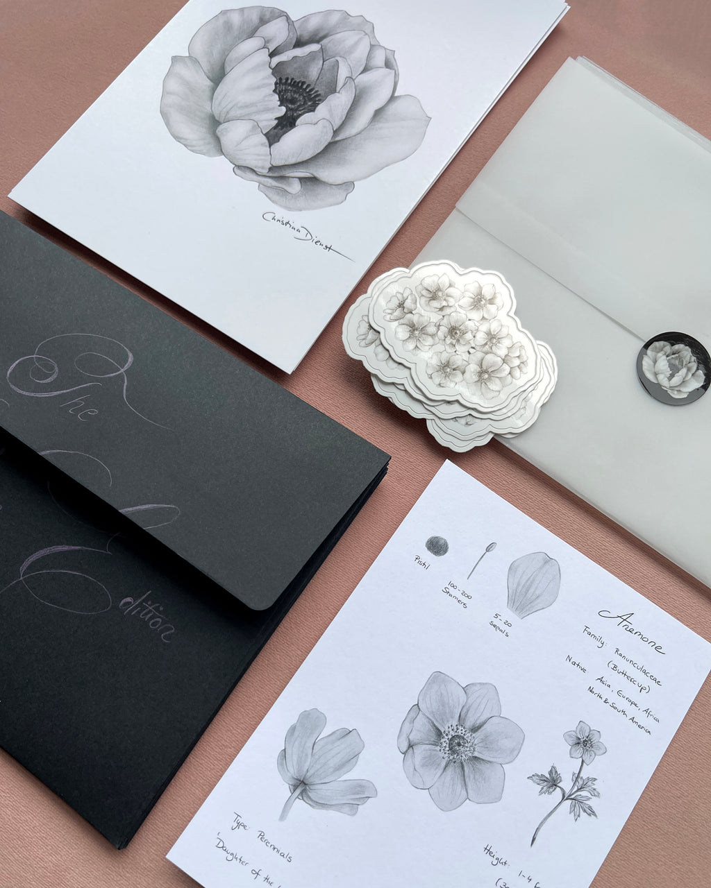 Floral-themed print club set including an anemone art print, sticker and a black envelope.