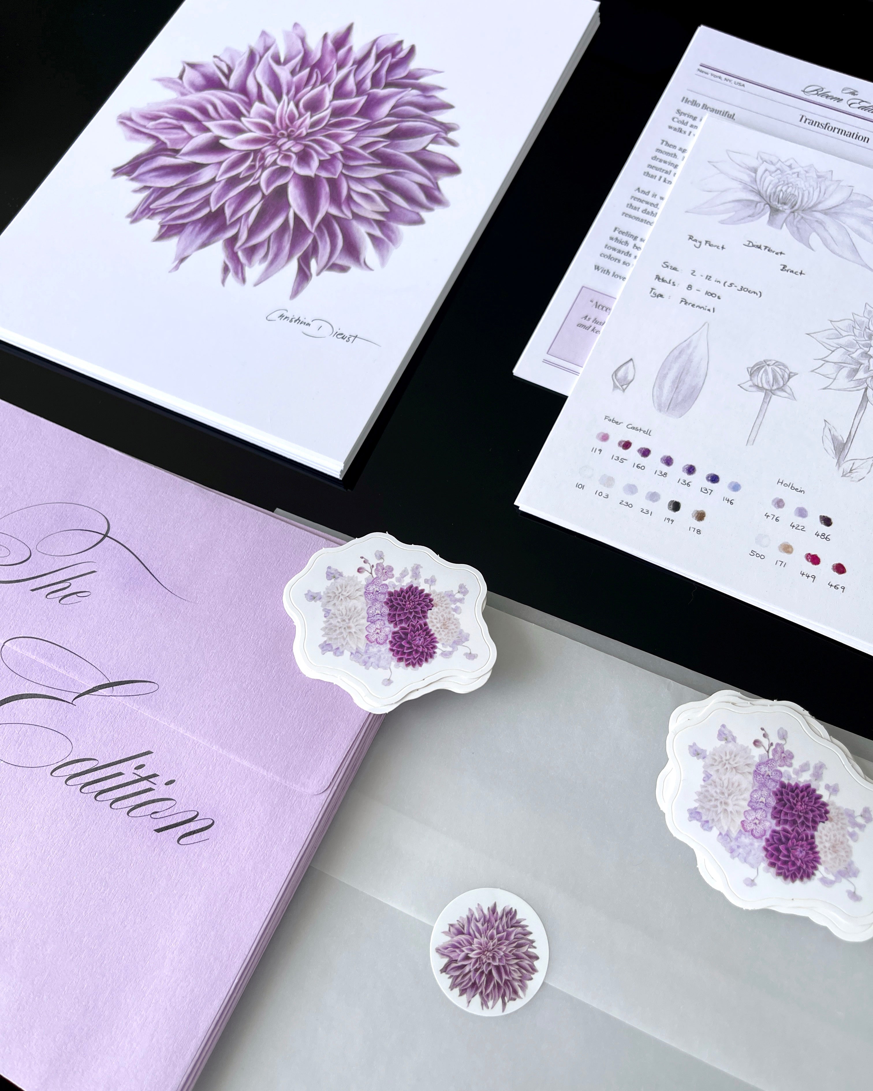 Floral-themed print club set including a dahlia art print, sticker and a light purple envelope.