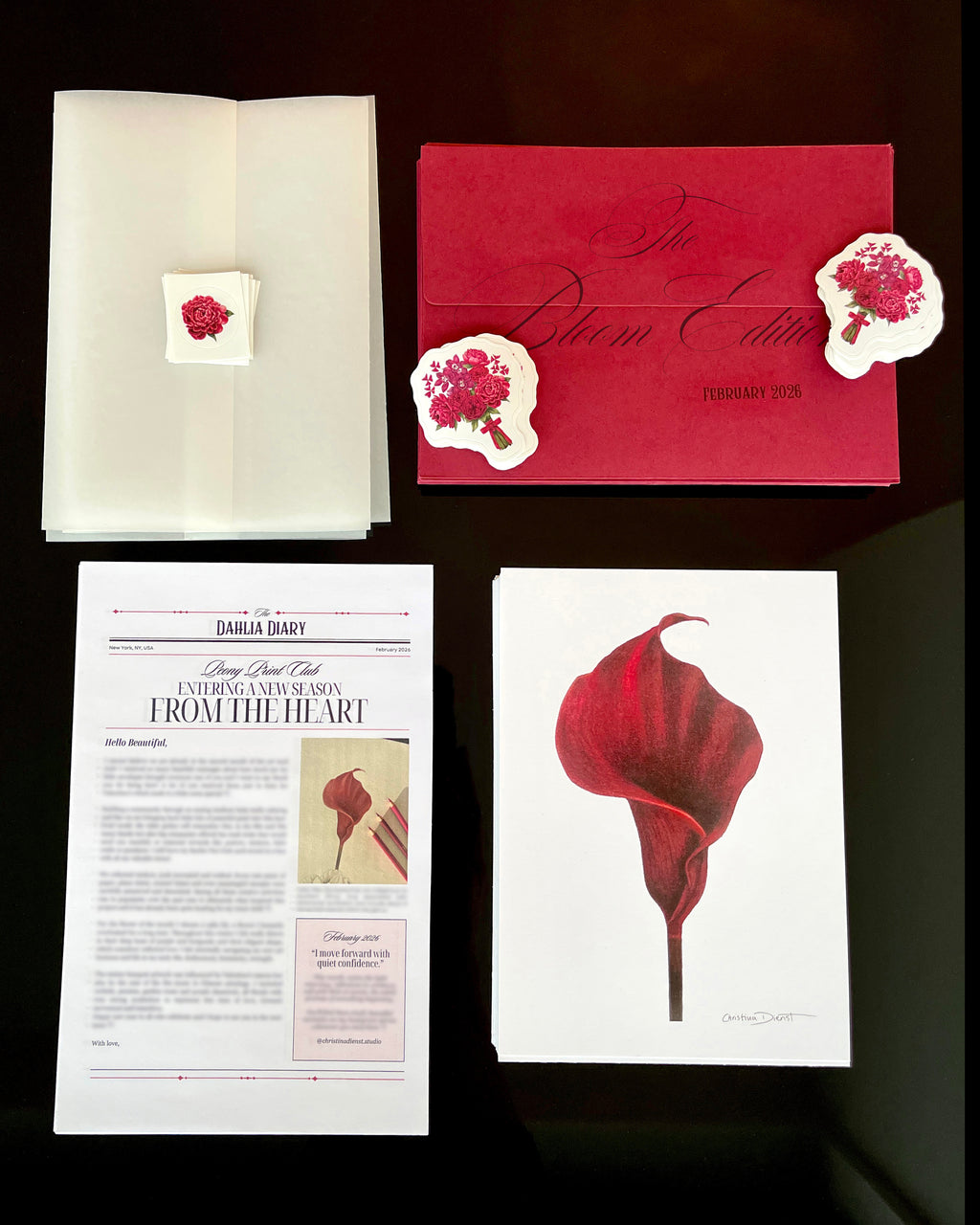 February Mail Club: Floral art print with sticker and letter, matching red envelope