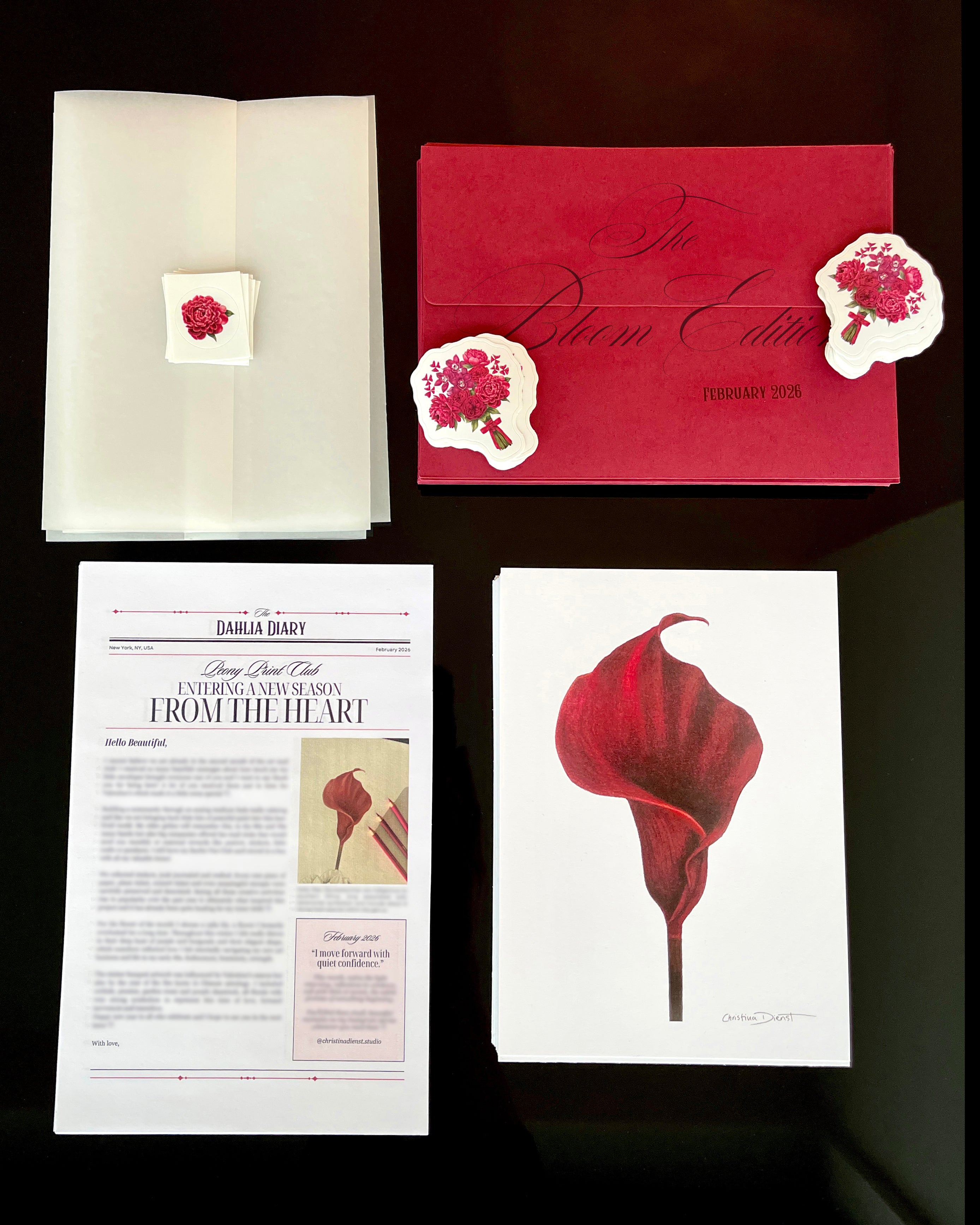 February Mail Club: Floral art print with sticker and letter, matching red envelope