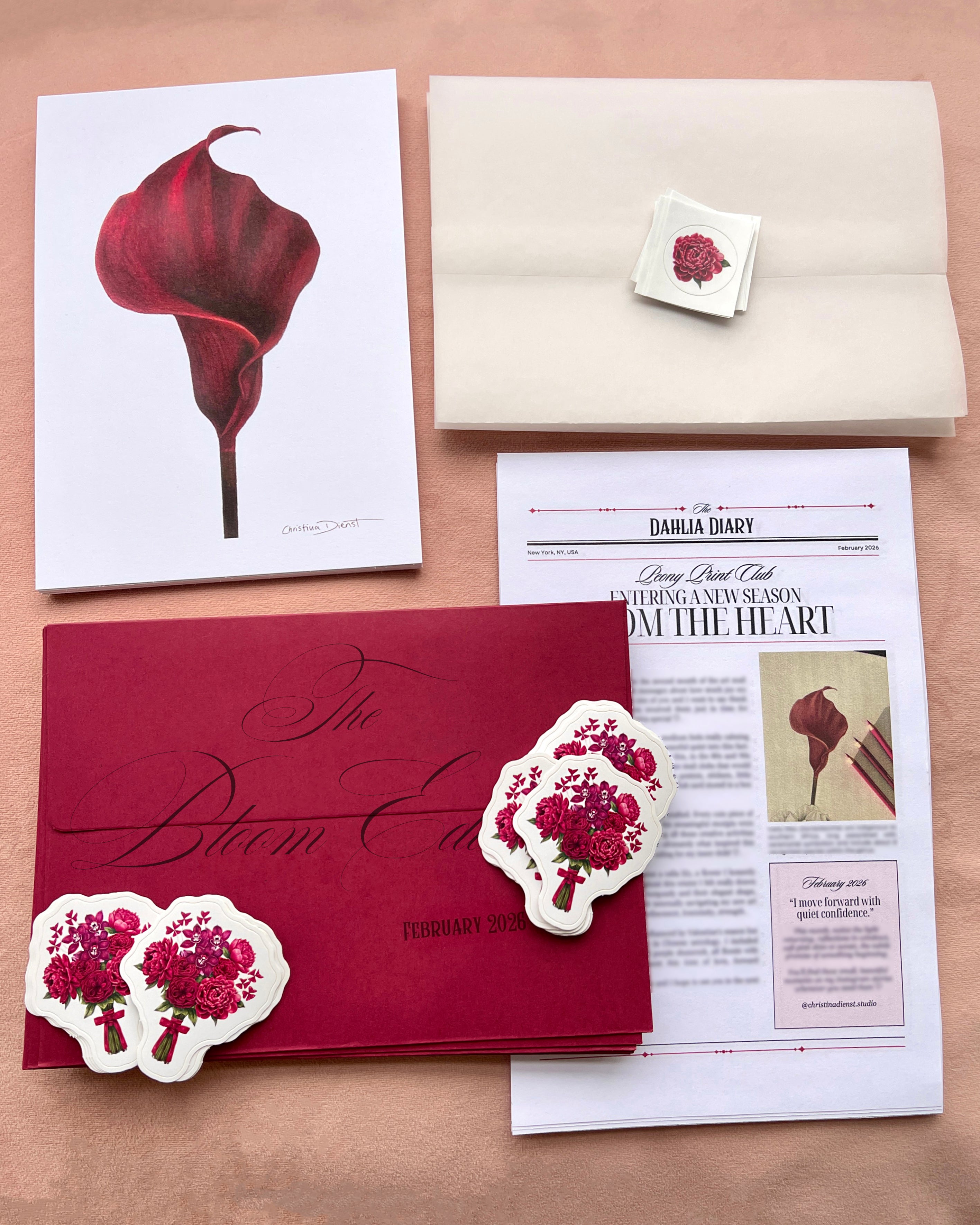 February Mail Club: Floral art print with sticker and letter, matching red envelope
