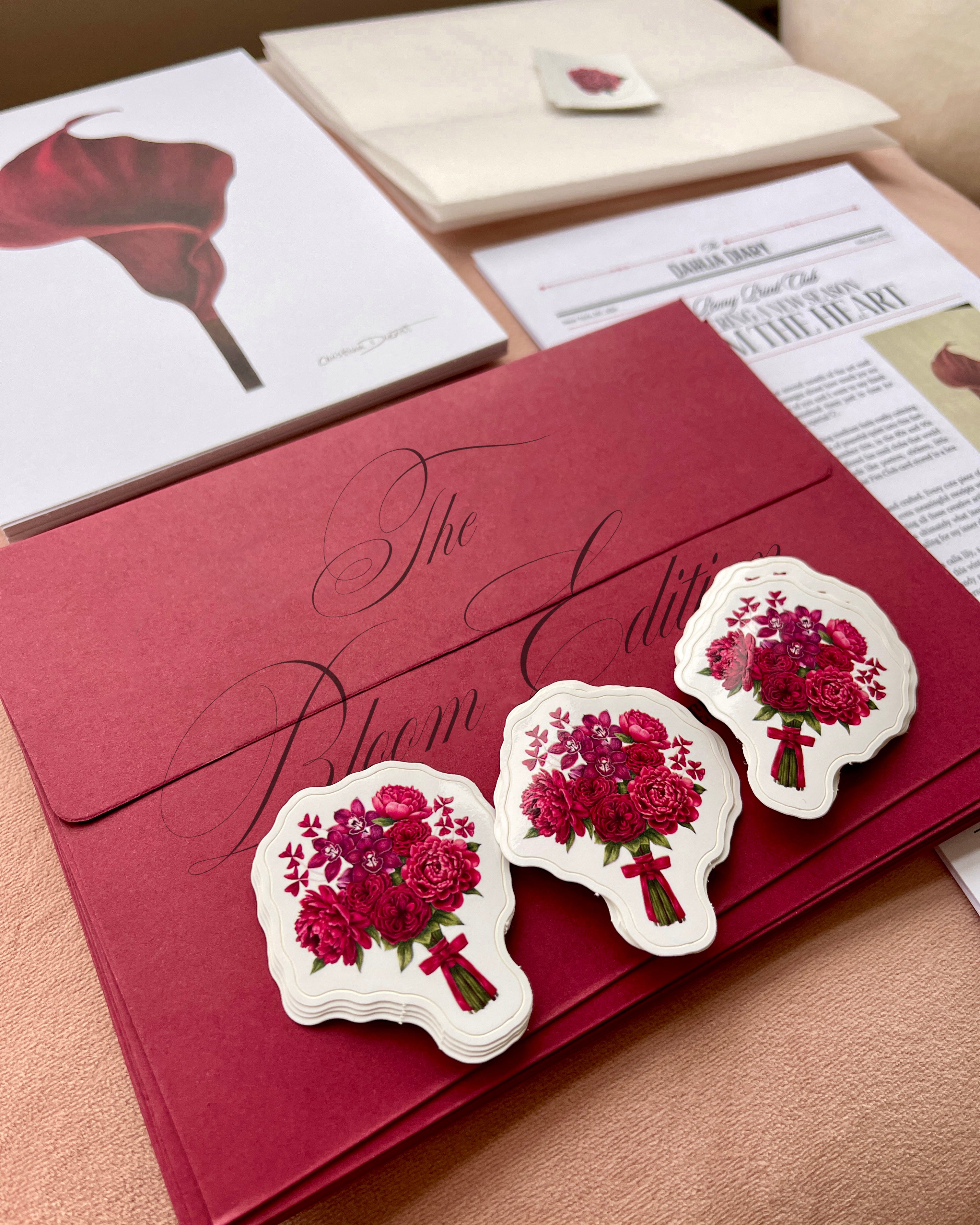 February Mail Club: Floral art print with sticker and letter, matching red envelope