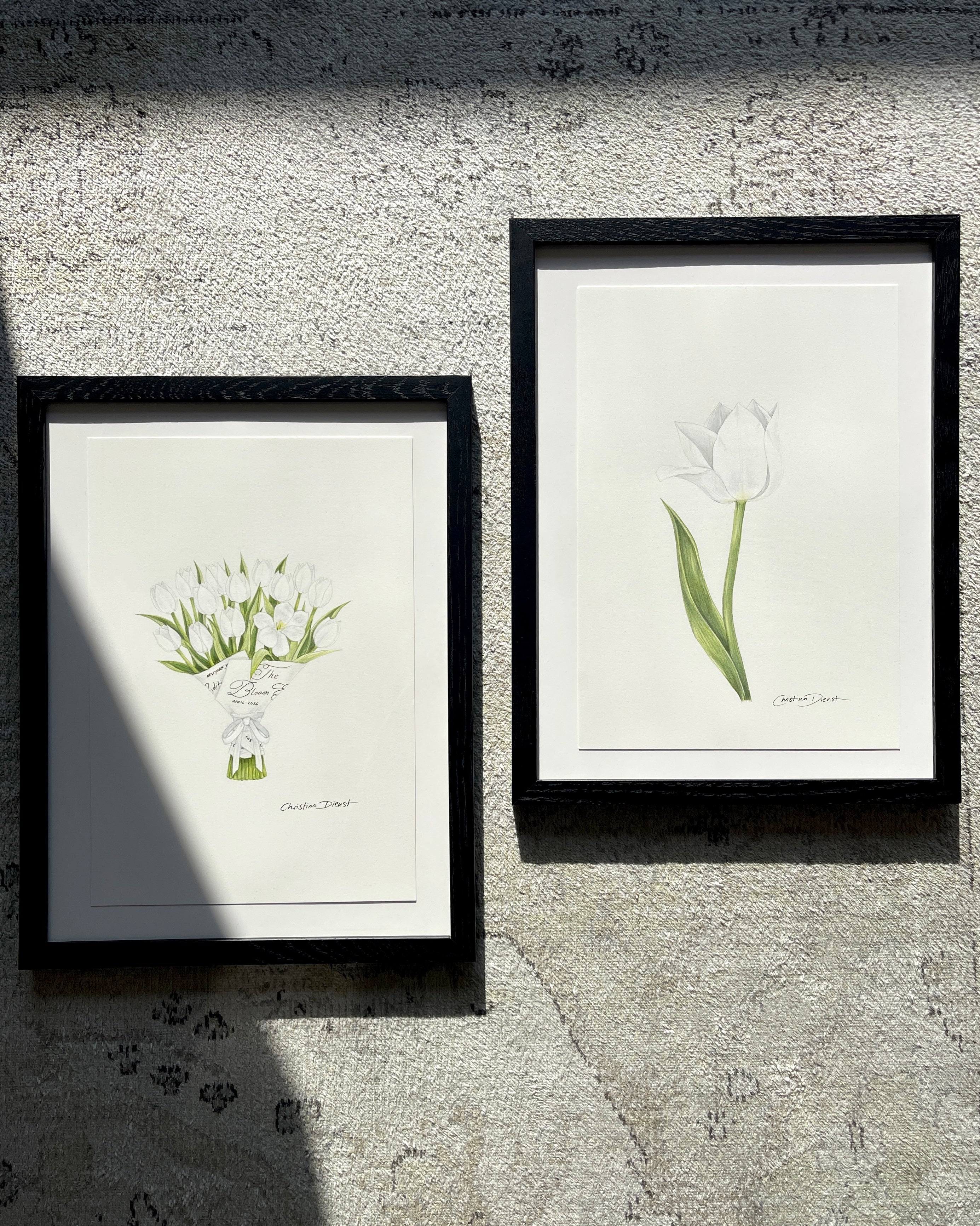 2 framed artworks of tulip color pencil drawings