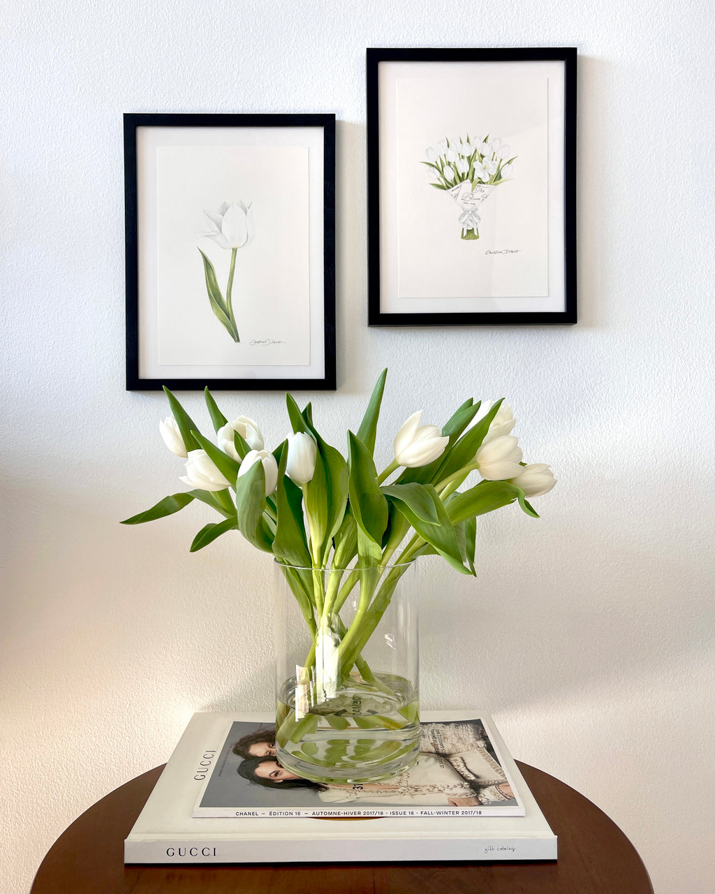 2 framed artworks of tulip color pencil drawings