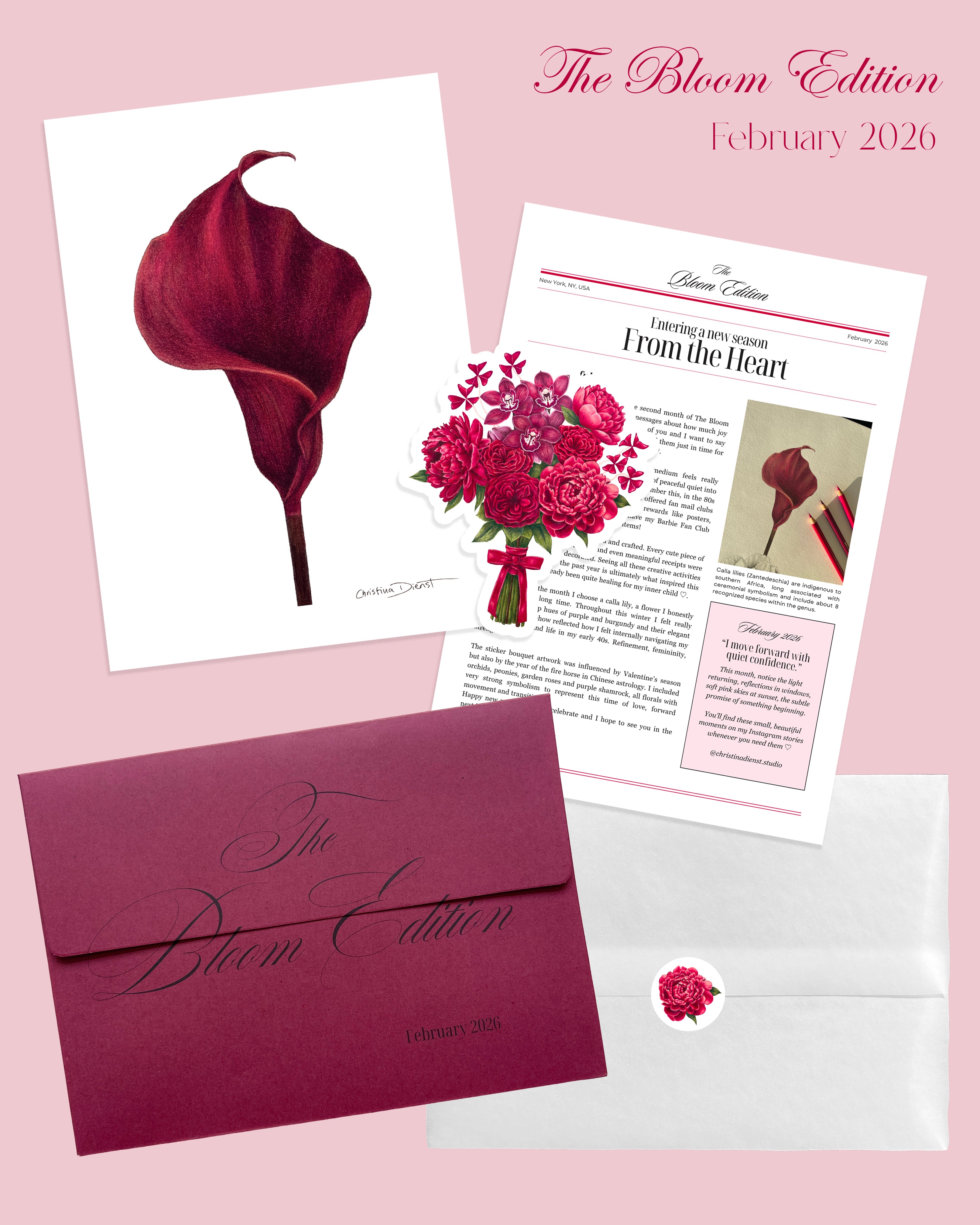 February Mail Club: Floral art print with sticker and letter, matching red envelope