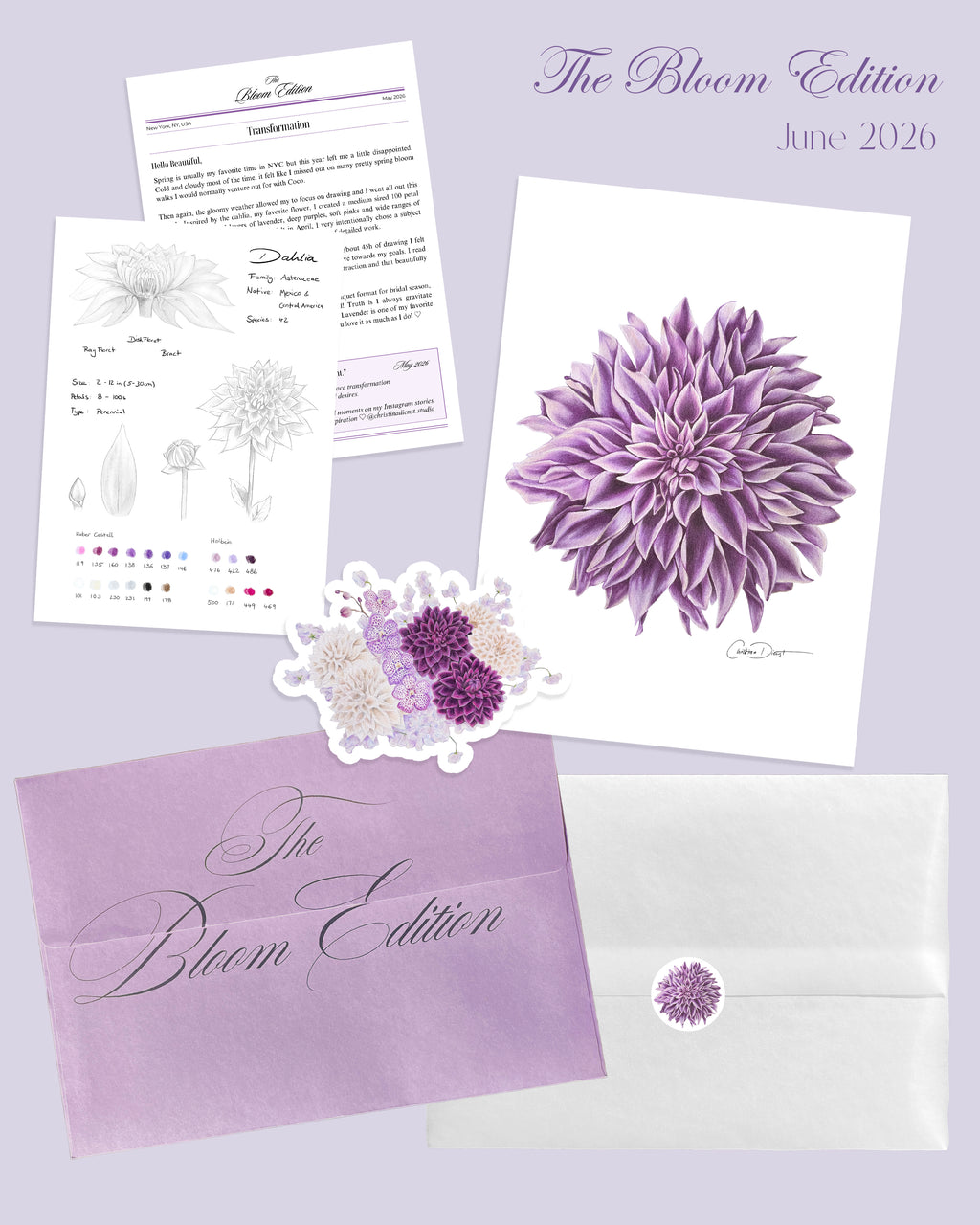 Floral-themed print club set with 'The Bloom Edition' branding on a light purple envelope.