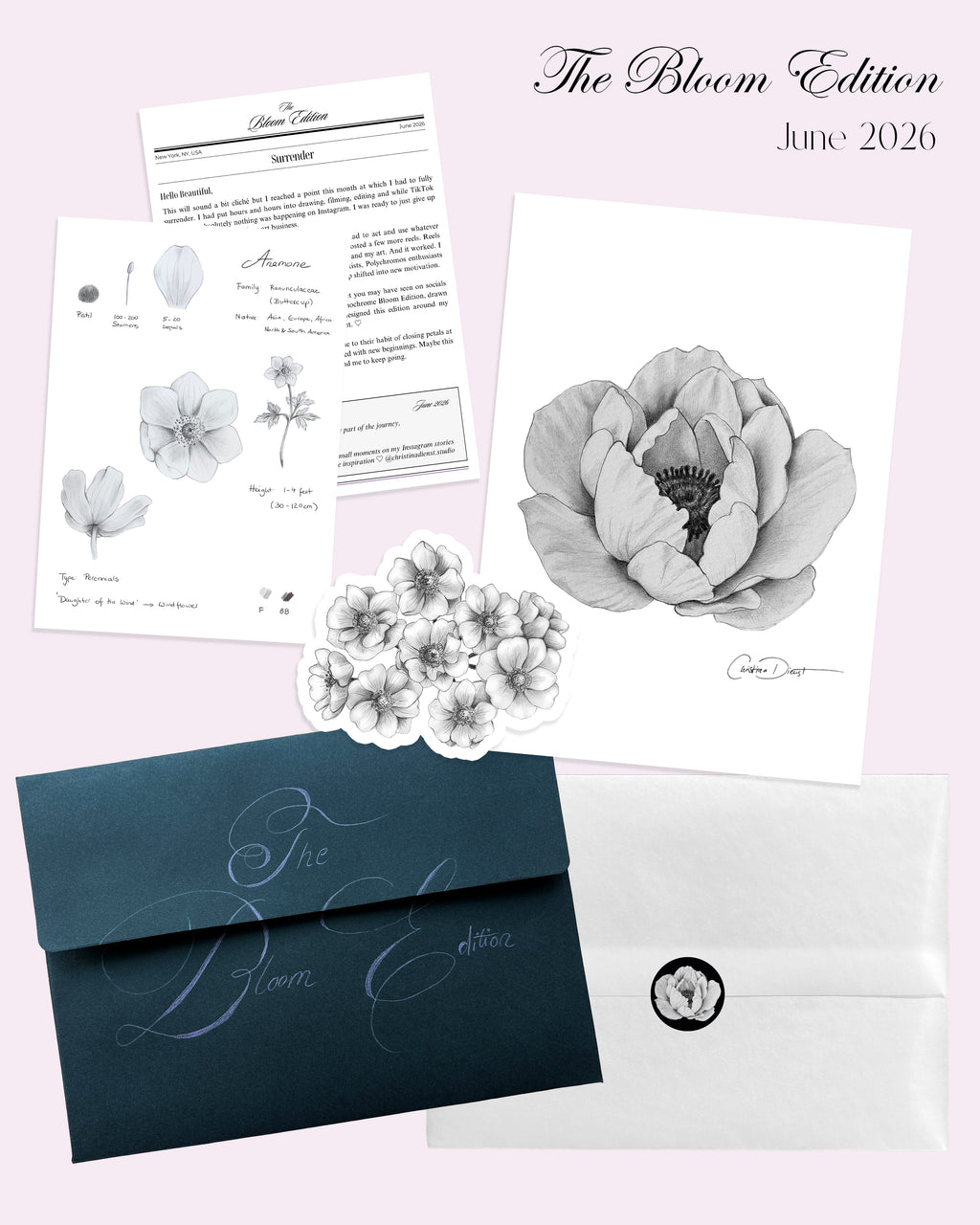 June Mail Club: Floral art print with sticker and letter, matching black envelope
