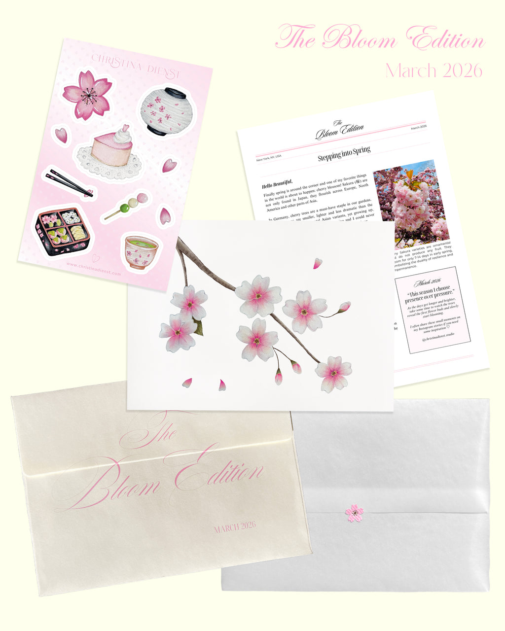 March Mail Club: Floral art print with sticker and letter, matching butter yellow envelope