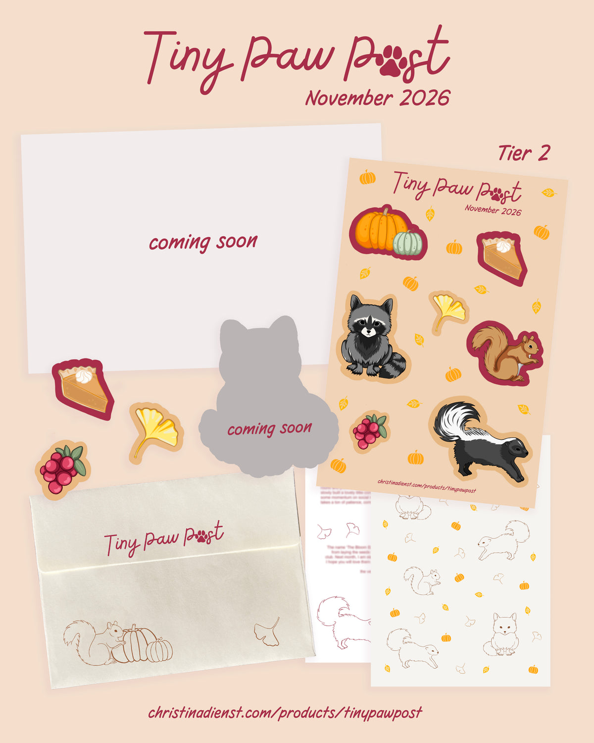 The 'Tiny Paw Post' November 2026, shown on a beige background. The set includes an illustrated card, a tan sticker sheet with cute animal illustrations, a cream envelope with burgundy lettering, and several die-cut stickers.