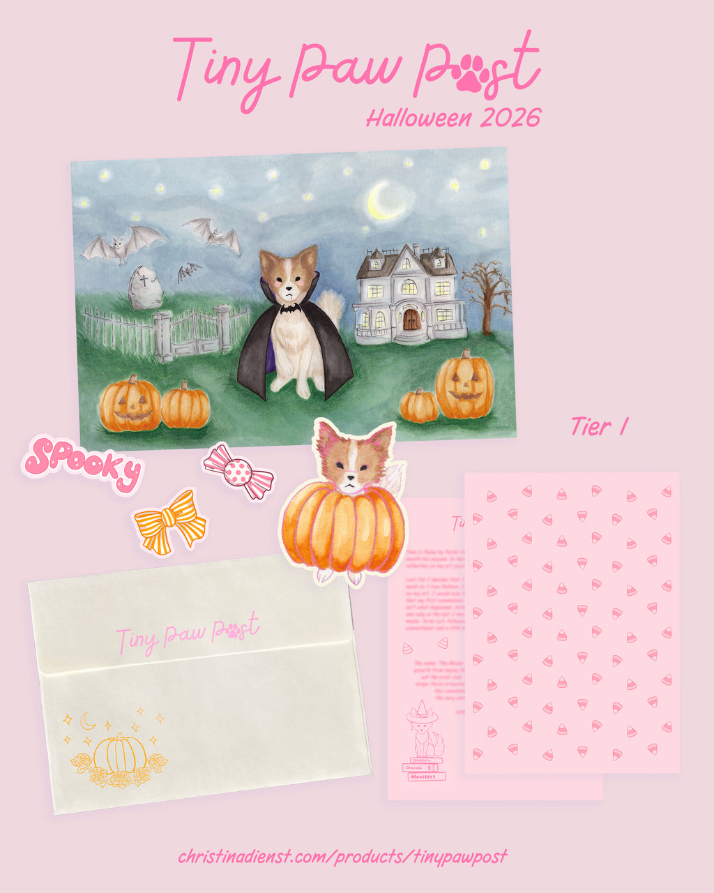The 'Tiny Paw Post' Halloween 2026, shown on a pastel background. The set includes an illustrated card with a dog in a cape in front of a haunted house, a cream envelope with pink lettering, and several die-cut stickers: bow, candy and a dog on a pumpkin.