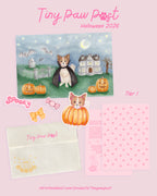 The 'Tiny Paw Post' Halloween 2026, shown on a pastel background. The set includes an illustrated card with a dog in a cape in front of a haunted house, a cream envelope with pink lettering, and several die-cut stickers: bow, candy and a dog on a pumpkin.