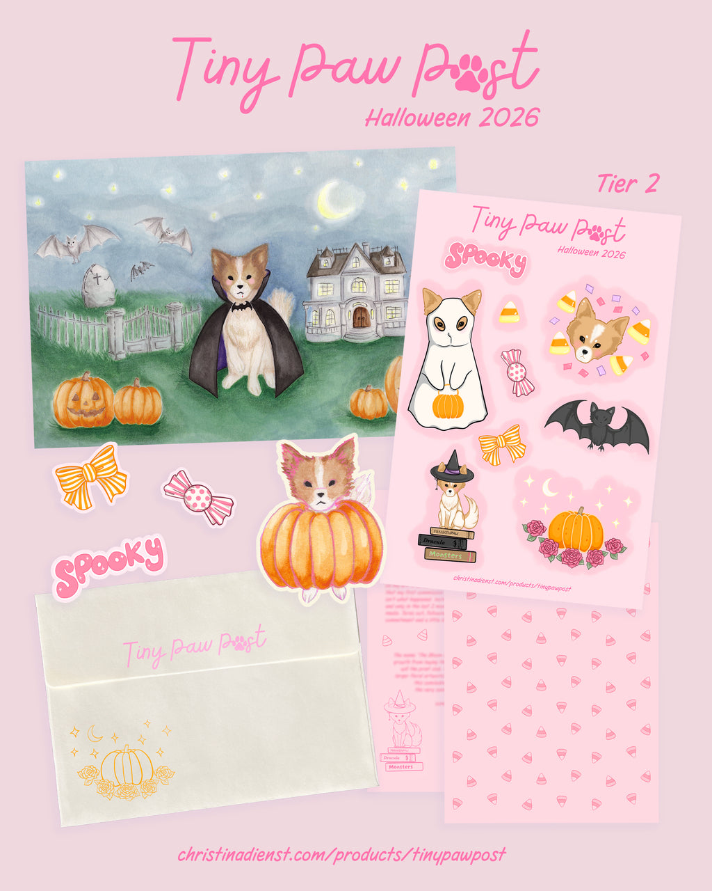 The 'Tiny Paw Post' Halloween 2026, shown on a pastel background. The set includes an illustrated card with a dog in a cape in front of a haunted house, a pink sticker sheet with cute spooky illustrations, a cream envelope with pink lettering, and several die-cut stickers: bow, candy and a dog on a pumpkin.