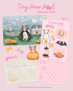 The 'Tiny Paw Post' Halloween 2026, shown on a pastel background. The set includes an illustrated card with a dog in a cape in front of a haunted house, a pink sticker sheet with cute spooky illustrations, a cream envelope with pink lettering, and several die-cut stickers: bow, candy and a dog on a pumpkin.