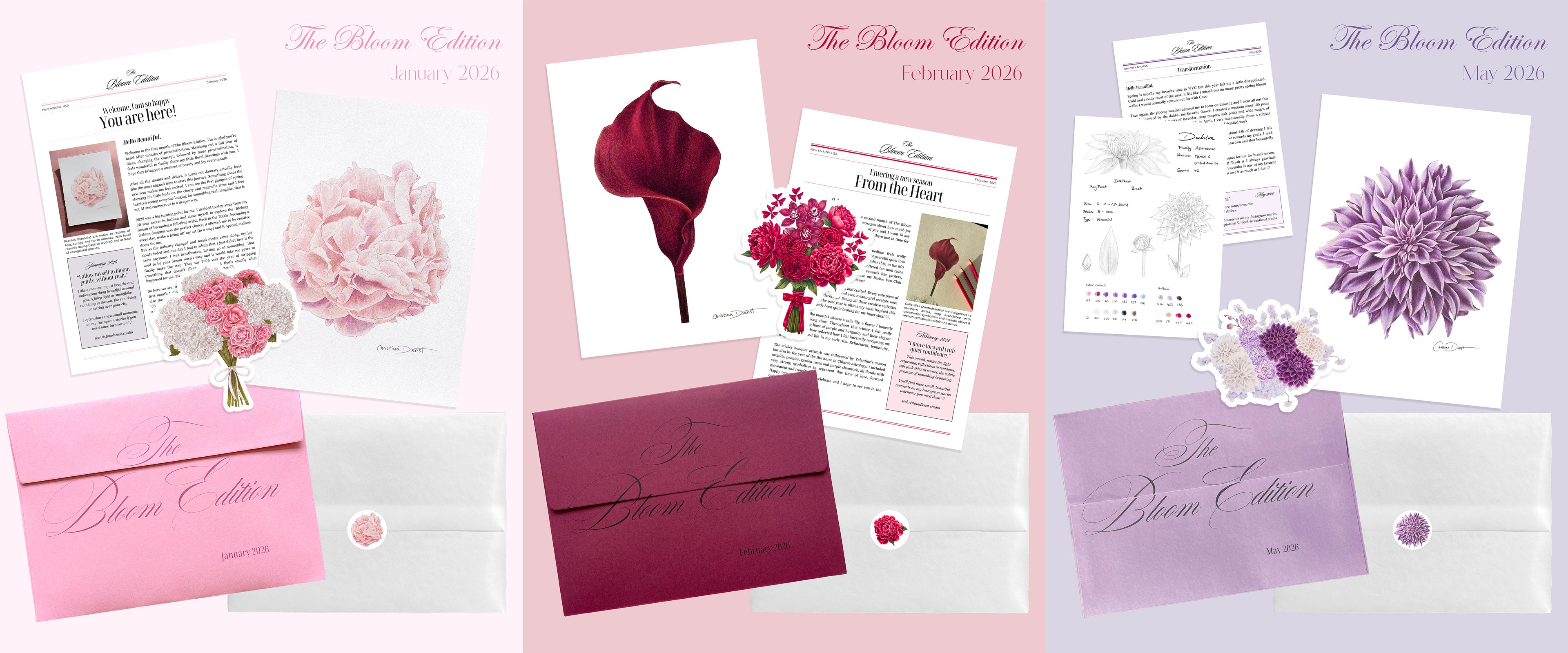 Preview of 'The Bloom  Edition' in pink, burgundy and lavender, each showing printed cards, envelopes, flowers.