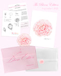 'The Bloom Edition September 2026' arranged on a blush background. The edition includes a blush envelope with pink script, a vellum sleeve with floral sticker seal, a pink rose art print, a pink rose sticker and printed studio note
