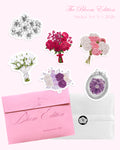 The Bloom Edition Sticker Set S/S 2026 shown on a pale pink background, including multiple floral die-cut stickers, a pink envelope with cursive script, a vellum sleeve with a round floral seal and printed cover-style artwork text at the top.